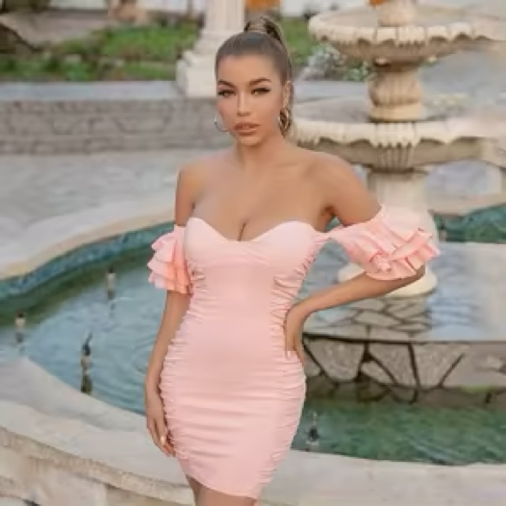 NWT CIDER Pink Ruffle Sleeve Ruched Mini Dress